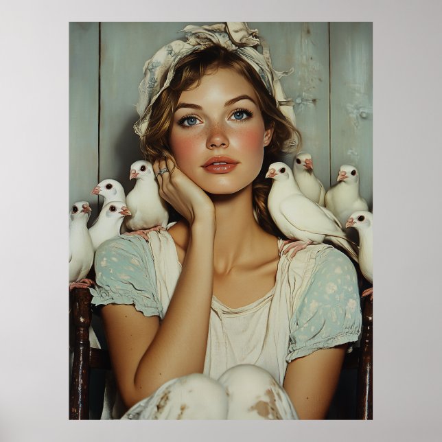 Serene Farm Maiden White Doves - Symbol des Friede Poster (Vorne)