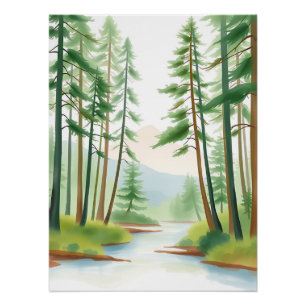 Serene Forest Landscape in Watercolor Poster