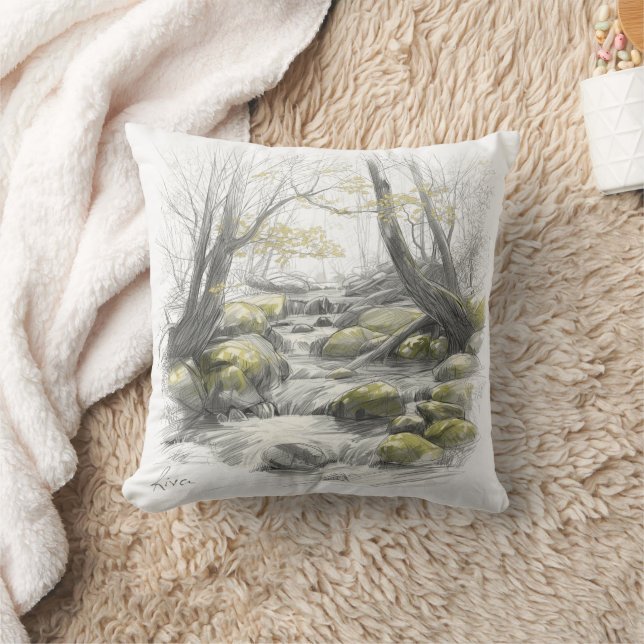 Serene Forest Stream Art Kissen (Decke)