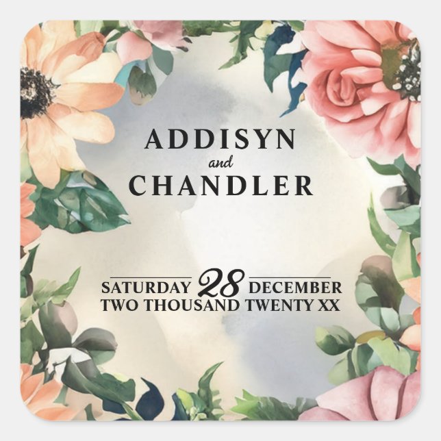 Serene Garden Wreath: Pastel Floral Elegante Quadratischer Aufkleber (Vorderseite)