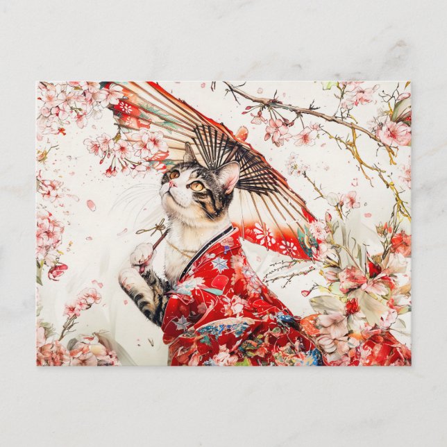 Serene Geisha Cat in Red Kimono und Cherry Blossom Postkarte (Vorderseite)