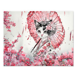 Serene Geisha Katze mit Red Parasol Cherry Blossom Fotodruck