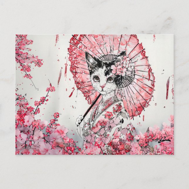 Serene Geisha Katze mit Red Parasol Cherry Blossom Postkarte (Vorderseite)