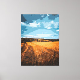 Serene Golden Field Country Road Stylized Leinwanddruck