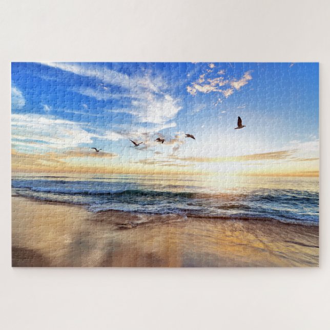 Serene Golden Ocean Sunrise Birds Puzzle (Horizontal)
