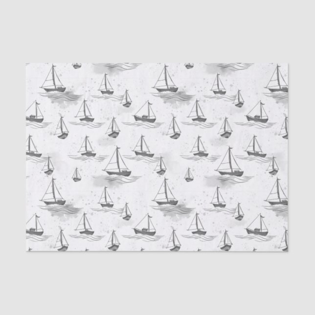 Serene Gray White Sailing Boote auf Sea Pattern Seidenpapier (Vorderseite)