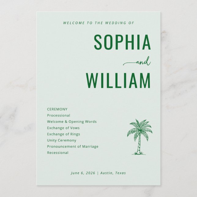Serene Green Palm Tree Wedding Ceremony Programm (Vorderseite)