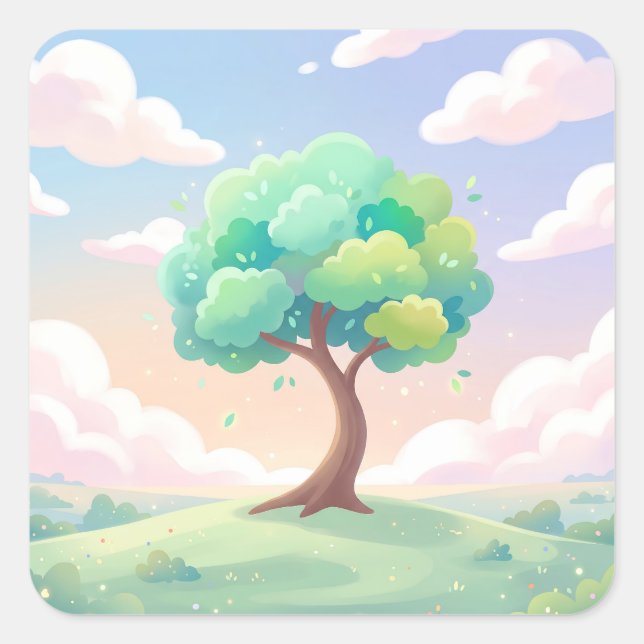 Serene Green Tree and Pastel Clouds Quadratischer Aufkleber (Vorderseite)
