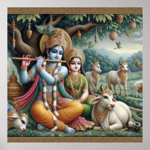 Serene Green Verziert Radha Krishna Venugopal Flut Poster