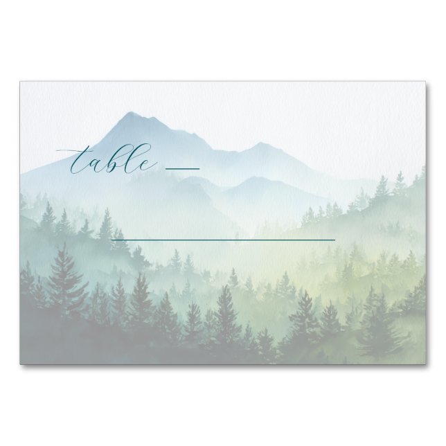Serene Green Watercolor Mountain Landscape Tischnummer (Vorderseite)