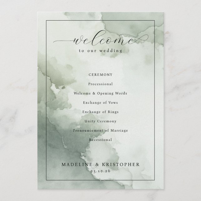Serene Green Watercolor Wedding Ceremony Schedule Programm (Vorderseite)