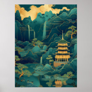 Serene Greenish-Blue Mountain and Water Scenery Po Poster