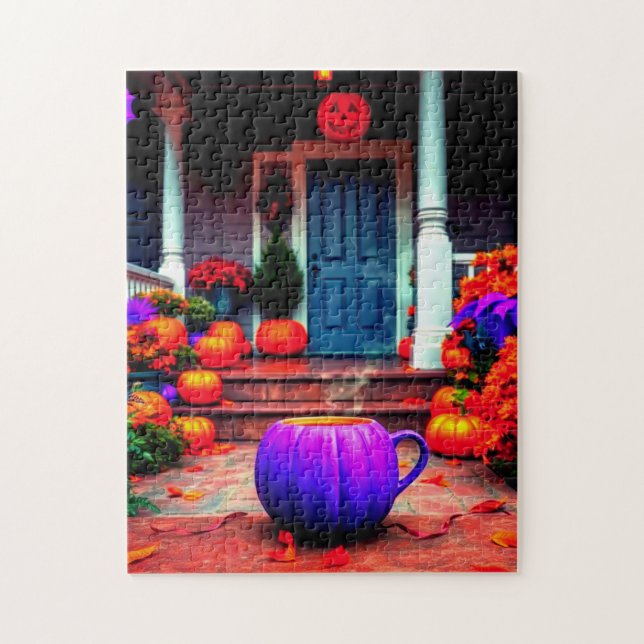 Serene Herbstszene mit Lila Pumpkaffee Puzzle (Vertikal)