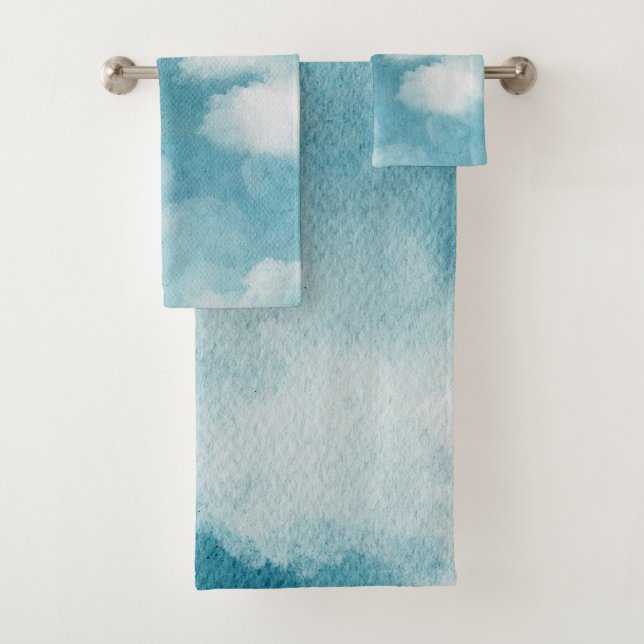 Serene Horizon Dreams Watercolor Blue & White Badhandtuch Set (Insitu)