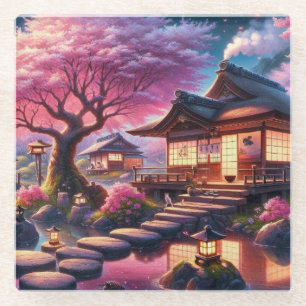 Serene Japanese Garden at Twilight Painting Glasuntersetzer