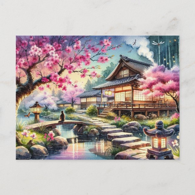 Serene Japanese Garden at Twilight Painting Postkarte (Vorderseite)
