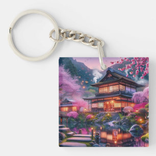 Serene Japanese Garden at Twilight Painting Schlüsselanhänger