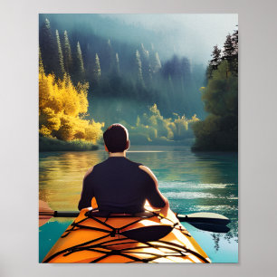 Serene Kayaking Scene Mann in Kayak im Gebirge Poster