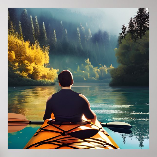 Serene Kayaking Scene | Mann in Kayak im Gebirge Poster (Vorne)