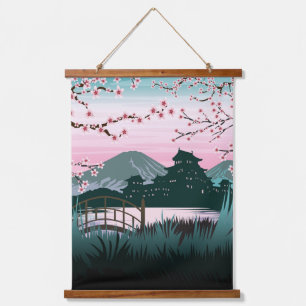 Serene Kirschblüten-Japanische Landschaft Vertikal Wandteppich Mit Holzrahmen