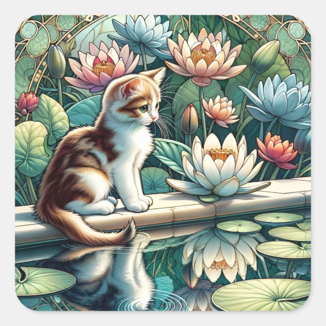 Serene Kitten Wasserlilie Art Nouveau Quadratischer Aufkleber (Vorderseite)