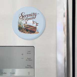 Serene Lake Boat mit Gänsen und Wildblumen Magnet