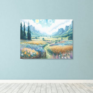 Serene Landschaft: blühende Blume und Berge Leinwanddruck
