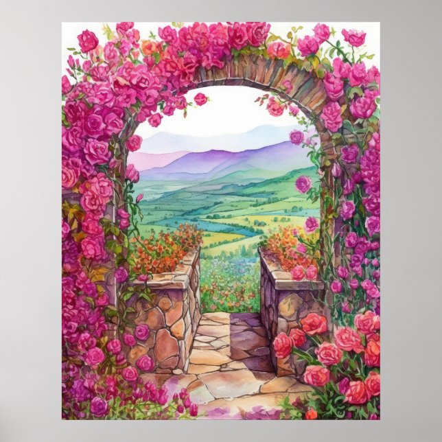 Serene Landschaft im Klettergarten Rose Poster (Vorne)