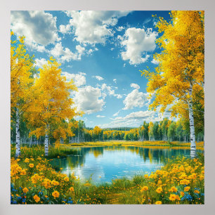 Serene Landschaftliche Seenlandschaft mit gelbem F Poster