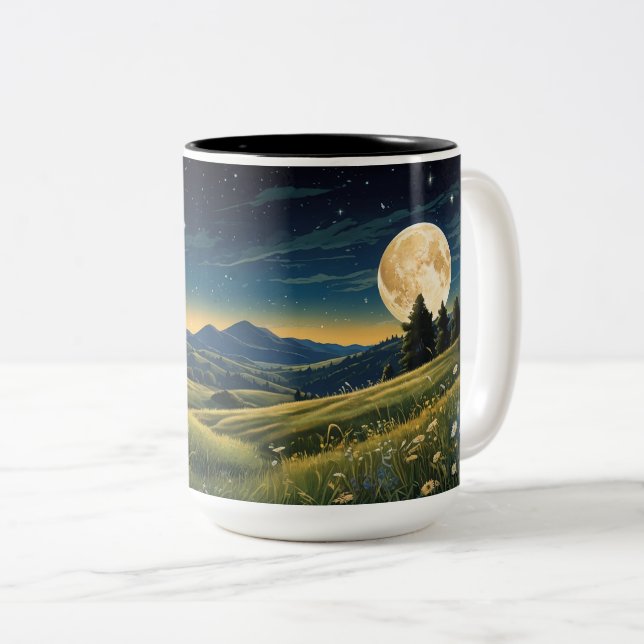 Serene Meadow Under Starry Sky Moonlit Wild floss Zweifarbige Tasse (VorderseiteRechts)