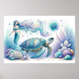 Serene Mermaid und Sea Turtle Print Poster