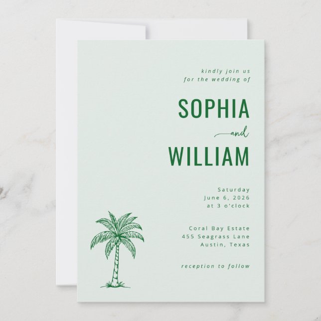Serene Mint Palm Tree Wedding Einladung (Vorderseite)