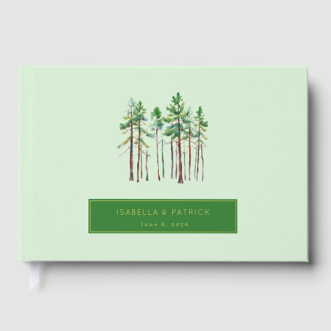 Serene Mint Watercolor Pine Trees Gästebuch (Vorderseite)