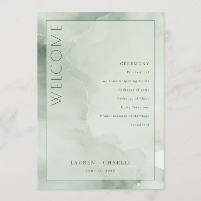 Serene Mint Watercolor Zeremonienplan Programm (Vorderseite)