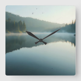Serene Misty Lake Forest Morning Reflection Quadratische Wanduhr