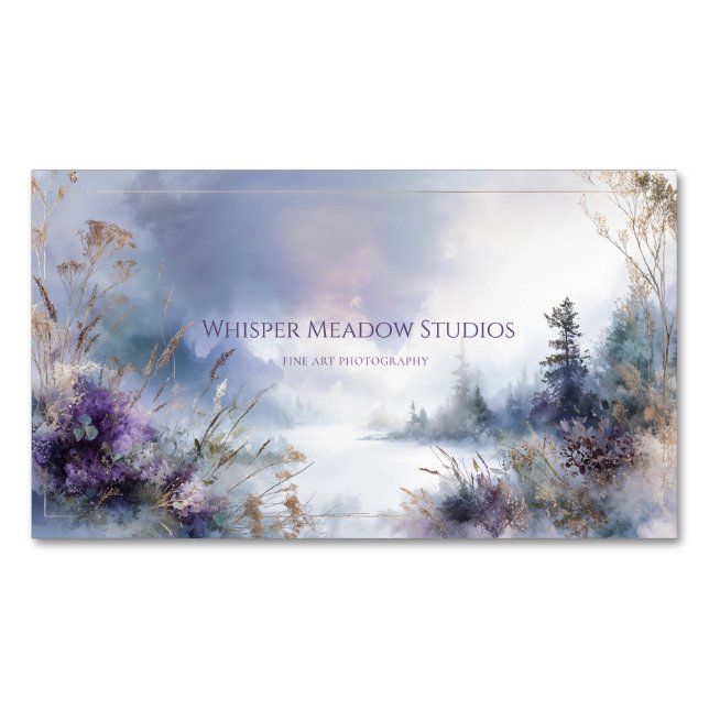 Serene Misty Lake Purple Floral Gold Sparkle Magnetische Visitenkarte (Vorderseite)