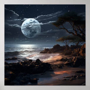 Serene Moon am Nachtposter Naturschutzmauer Poster
