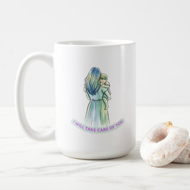Serene Mother & Child Watercolor Embrace T - Shirt Kaffeetasse (Mit Donut)