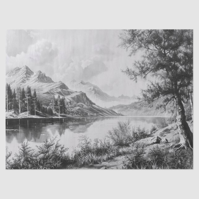 Serene Mountain Lake Black & White Decoupage Seidenpapier (Vorderseite)