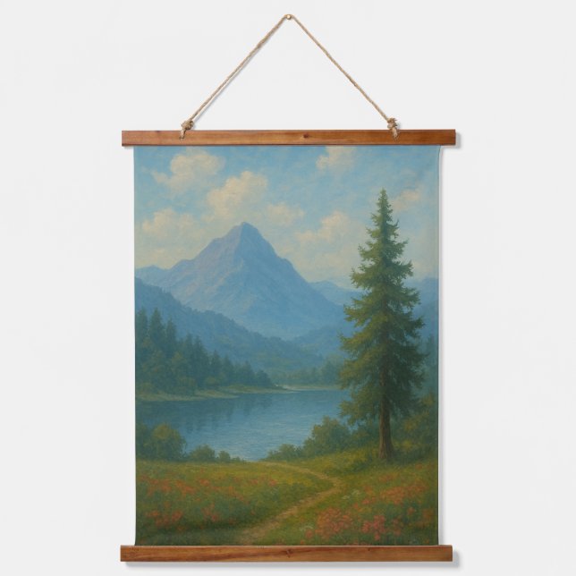 Serene Mountain Lake Landscape Wall Art Wandteppich Mit Holzrahmen (Vorderseite)
