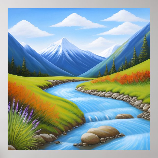 Serene Mountain Landschaft mit Cascading Stream Poster (Vorne)
