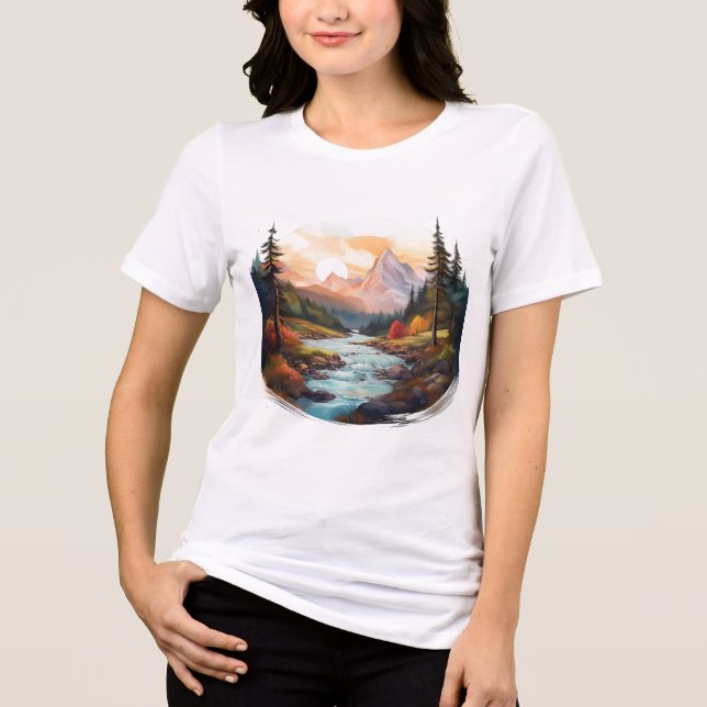 Serene Mountain Landschaft mit fließendem Fluss Tri-Blend Shirt (Vorderseite)