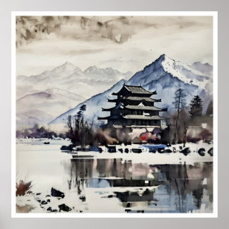 Serene Mountain Pagoda, Winterposter Poster