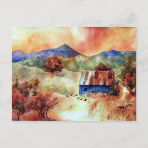 Serene Mountain Watercolor Farm Scene Postkarte