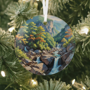 Serene Mountain Waterfall Landschaft Ornament Aus Glas