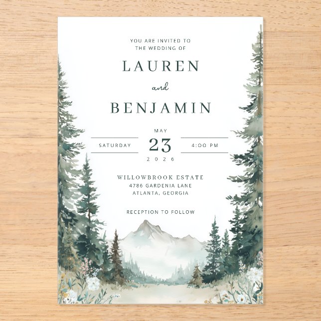 Serene Mountain Wedding Acryleinladungen (Vorderseite)