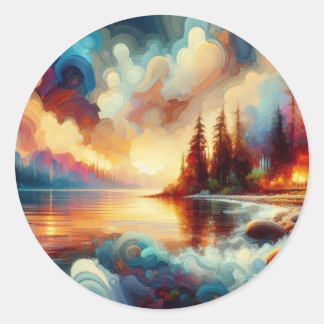 Serene Nature: Handgemachte Kunst Runder Aufkleber (Vorderseite)