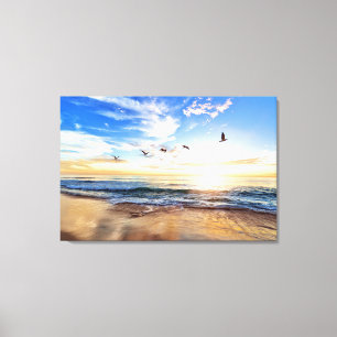 Serene Ocean Sunrise Birds Blue Sky Golden Shore Leinwanddruck