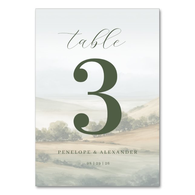 Serene Olive Landscape Table Number Tischnummer (Vorderseite)