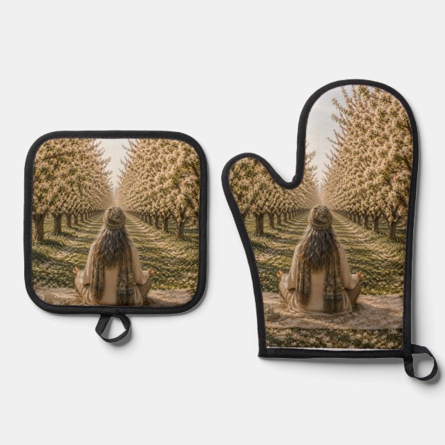 Serene Orchard Oven Mitt & Pot Holder Set | Romant (Vorderseite)